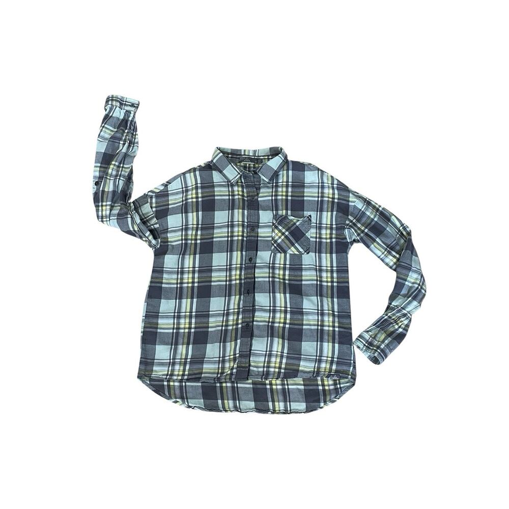 Prana Organic Cotton Plaid Button Down Long Sleeve Shirt Womens Small Green/Gray
